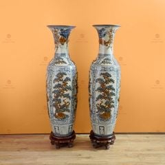 Lộc Bình 1M4 Men Rạn Đắp Nổi Họa Tiết Tứ Cảnh