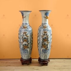 Lộc Bình 1M4 Men Rạn Đắp Nổi Họa Tiết Tứ Cảnh