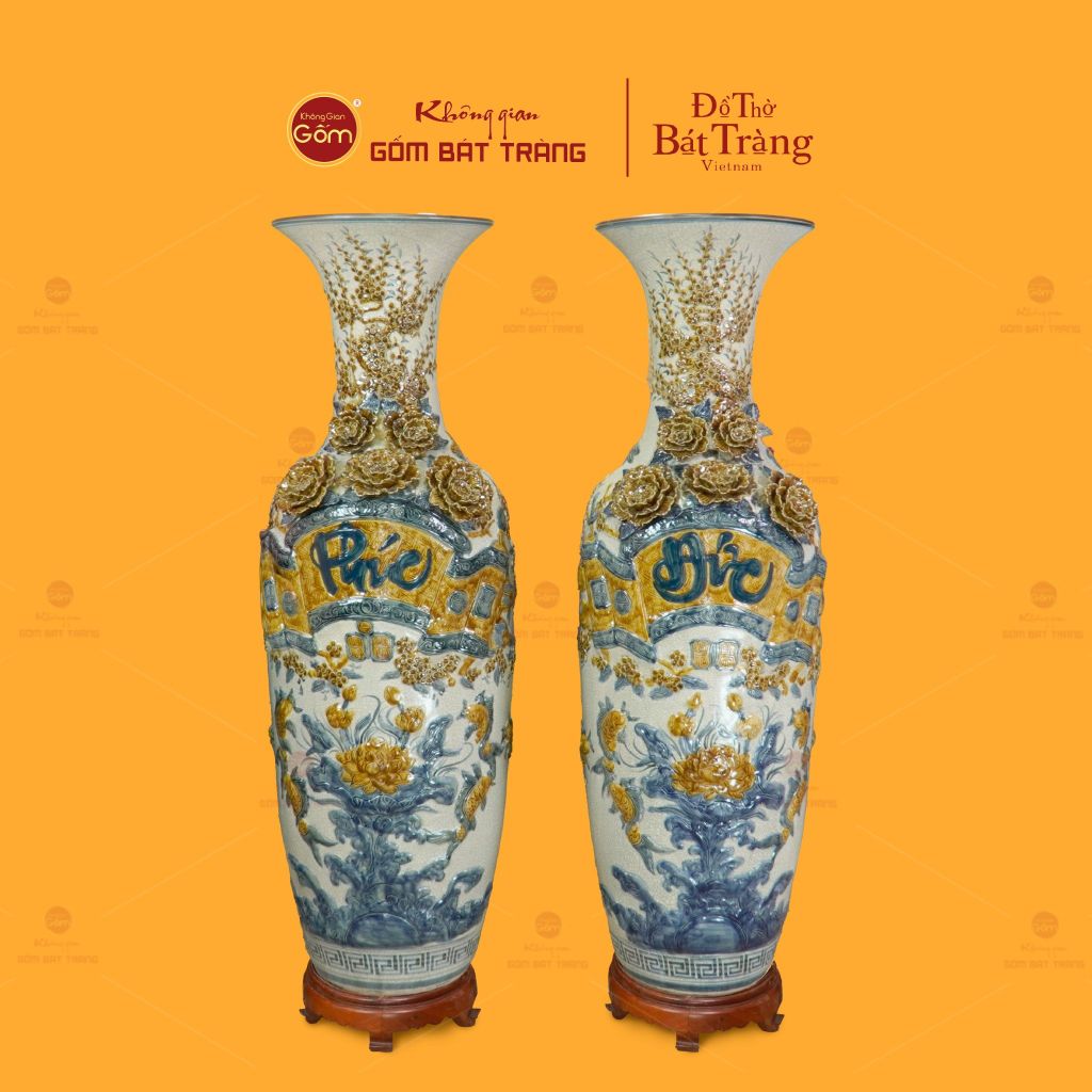 Lộc Bình Men Rạn Họa Tiết Phúc Đức Hoa Sen Đắp Nổi