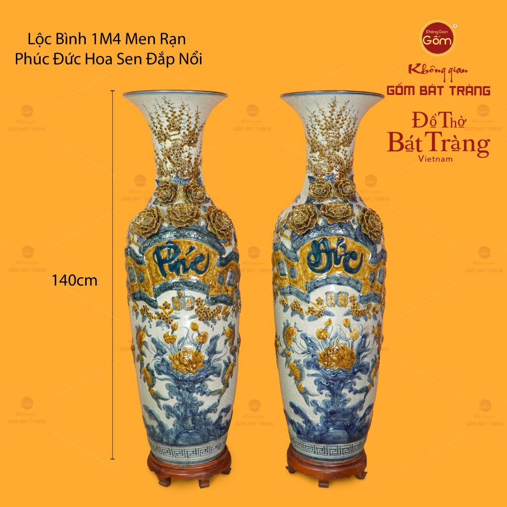 Lộc Bình Men Rạn Họa Tiết Phúc Đức Hoa Sen Đắp Nổi