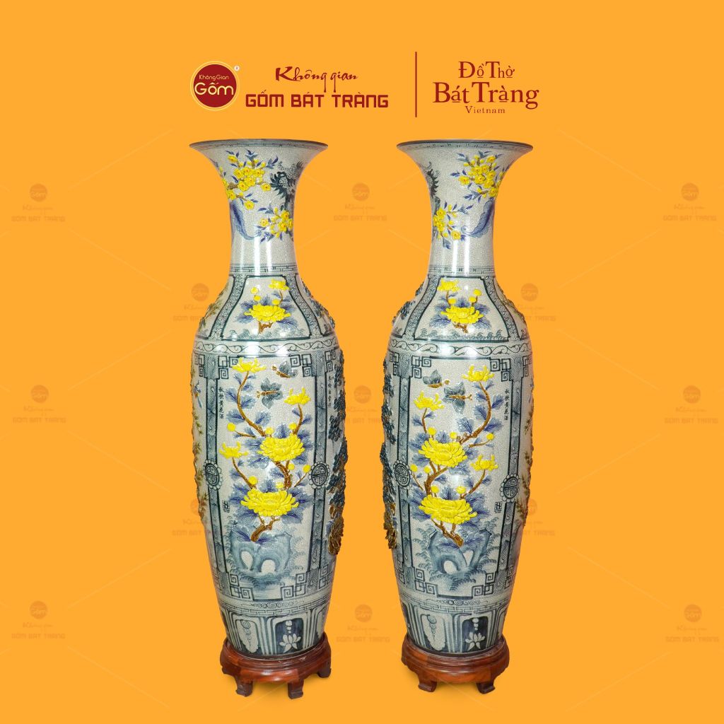 Lộc Bình Men Rạn Họa Tiết Tứ Cảnh Hoa Vàng Đắp Nổi