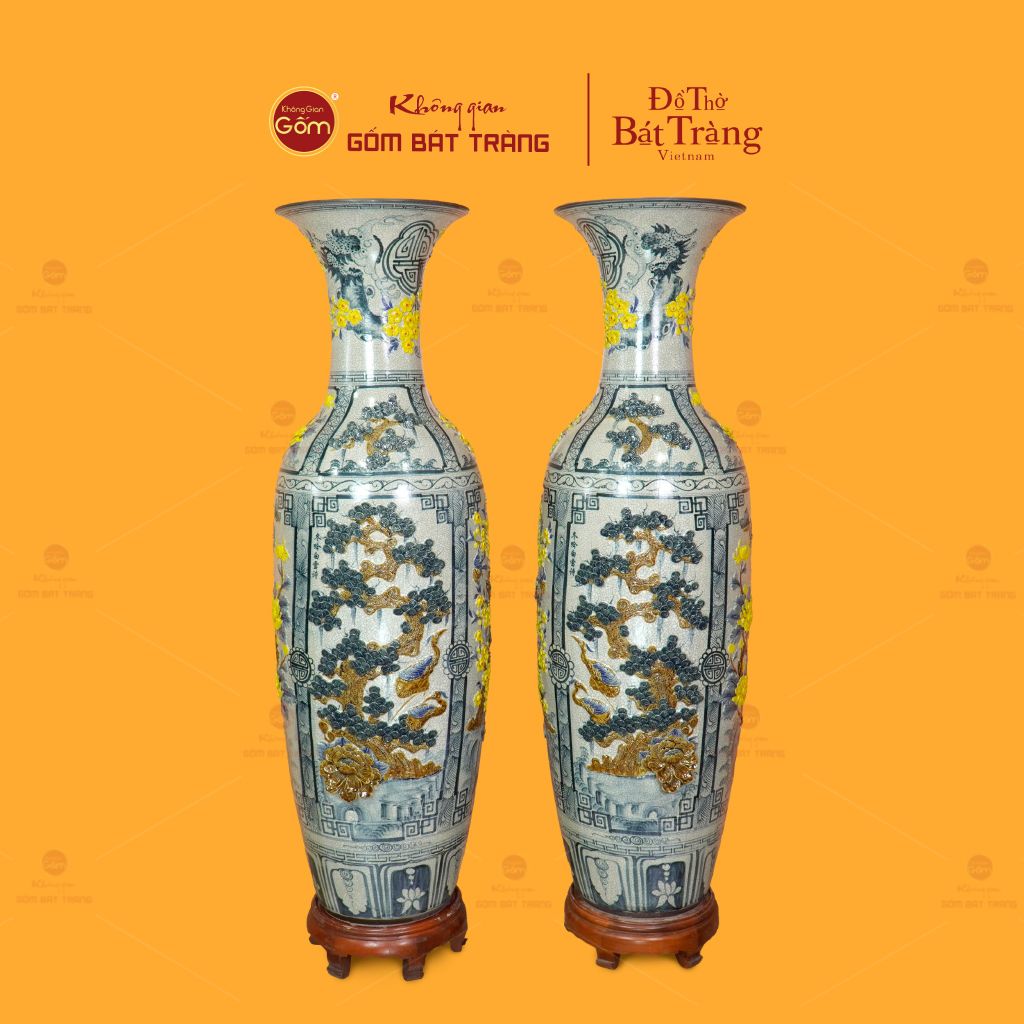 Lộc Bình Men Rạn Họa Tiết Tứ Cảnh Hoa Vàng Đắp Nổi