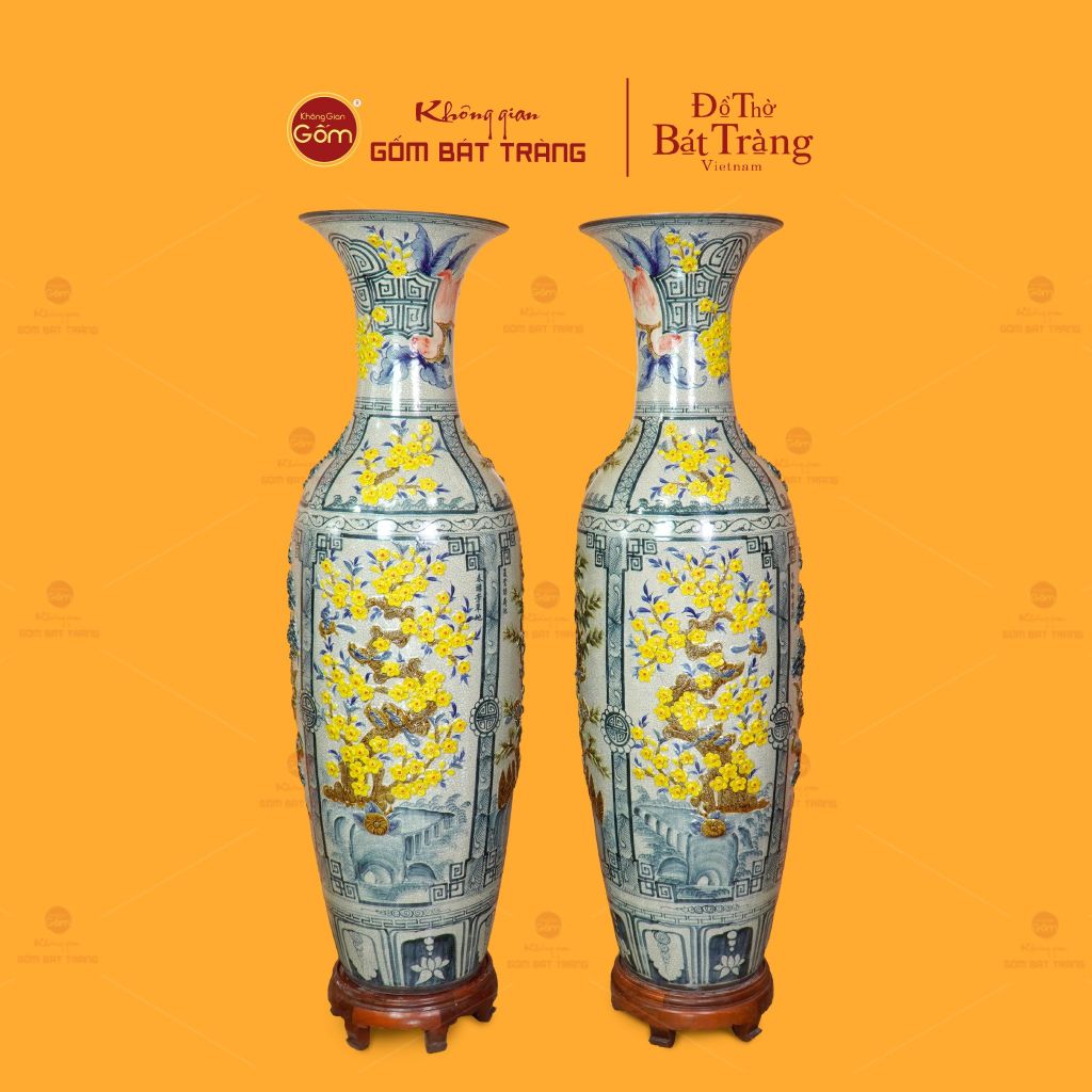 Lộc Bình Men Rạn Họa Tiết Tứ Cảnh Hoa Vàng Đắp Nổi