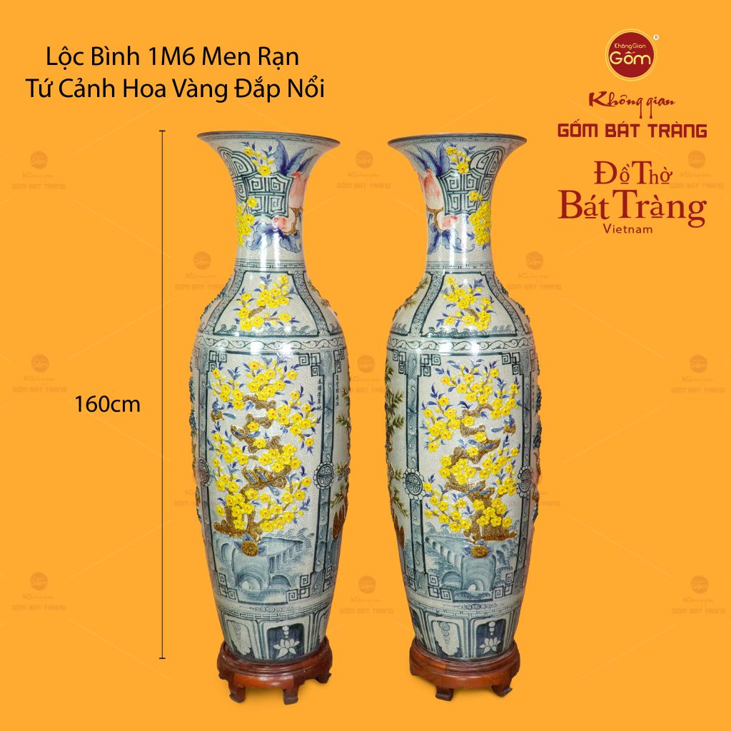 Lộc Bình Men Rạn Họa Tiết Tứ Cảnh Hoa Vàng Đắp Nổi