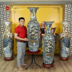 Lộc Bình Men Rạn Họa Tiết Tứ Cảnh Hoa Vàng Đắp Nổi