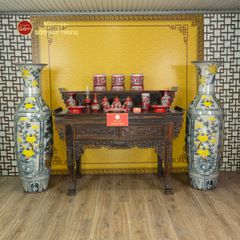 Lộc Bình Men Rạn Họa Tiết Tứ Cảnh Hoa Vàng Đắp Nổi