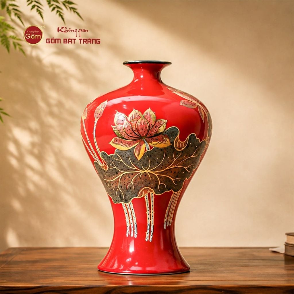 Lọ Hoa Dáng Mai Bình Men Đỏ Hoa Sen Vẽ Vàng