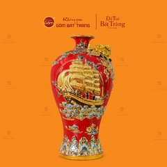 Mai Bình Men Đỏ Đắp Nổi Vẽ Vàng Thuận Buồm Xuôi Gió