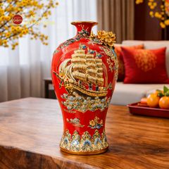 Mai Bình Men Đỏ Đắp Nổi Vẽ Vàng Thuận Buồm Xuôi Gió