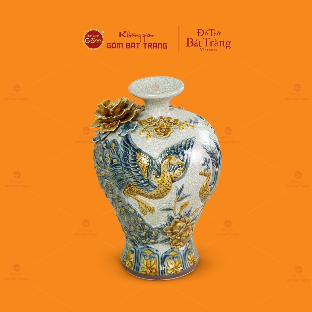 Mai Bình Men Rạn Đắp Nổi Họa Tiết Công Đào