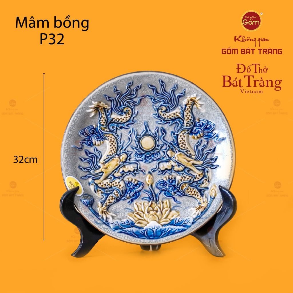 Mâm Bồng Men Rạn Họa Tiết Song Long