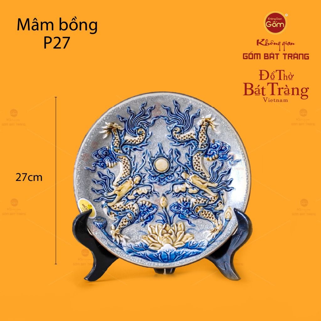 Mâm Bồng Men Rạn Họa Tiết Song Long