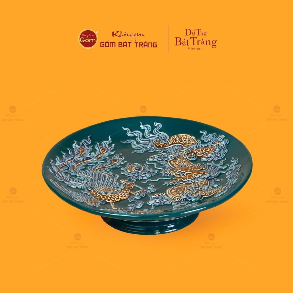 Mâm Bồng Thờ Men Lục Họa Tiết Long Phụng Trình Tường