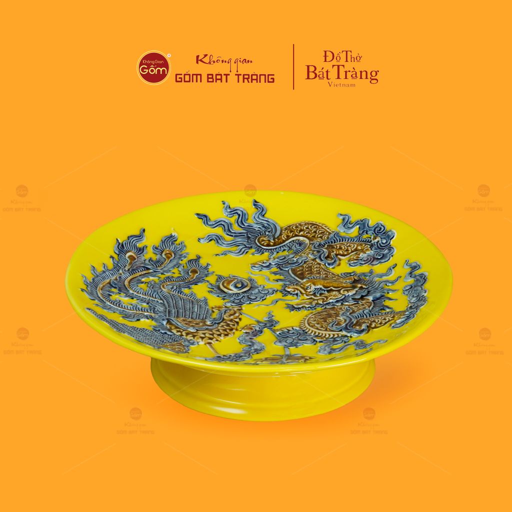 Mâm Bồng Thờ Men Vàng Họa Tiết Long Phụng Trình Tường