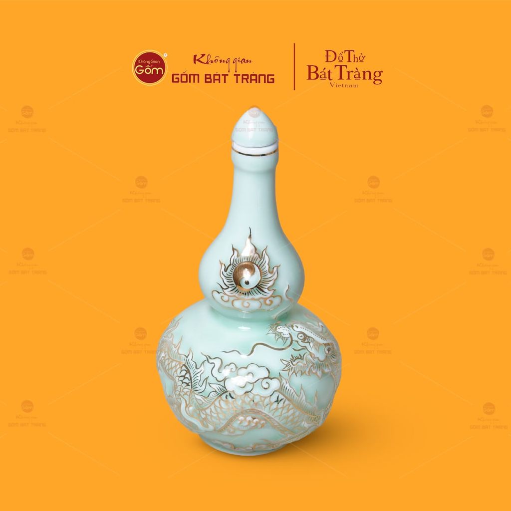 Nậm Rượu Men Ngọc Hoàng Tộc Kim Long Chầu Nhật Vẽ Vàng