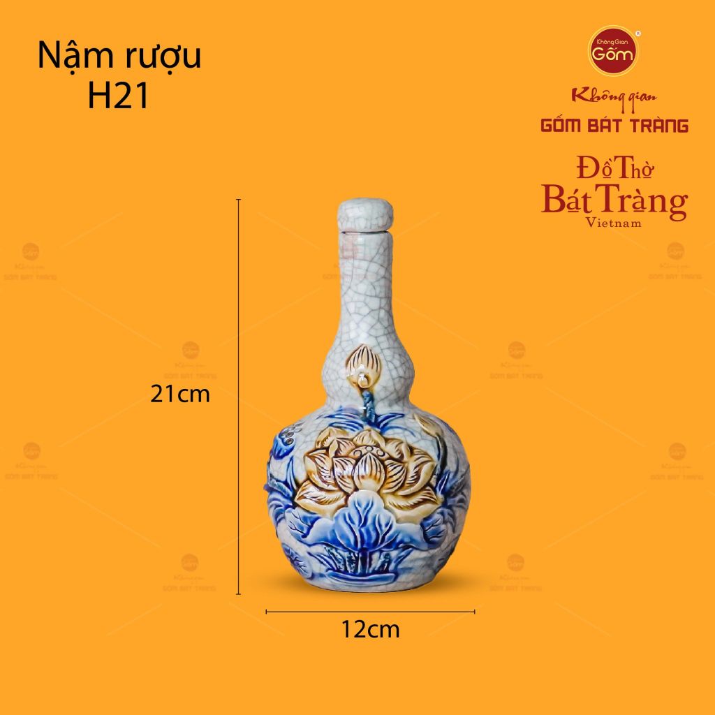 Nậm Rượu Thờ Hai Bầu Men Rạn Họa Tiết Hoa Sen