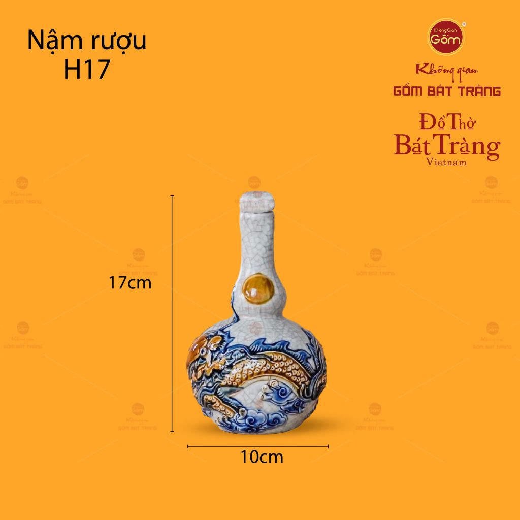 Nậm Rượu Thờ Hai Bầu Men Rạn Họa Tiết Rồng Chầu Nhật