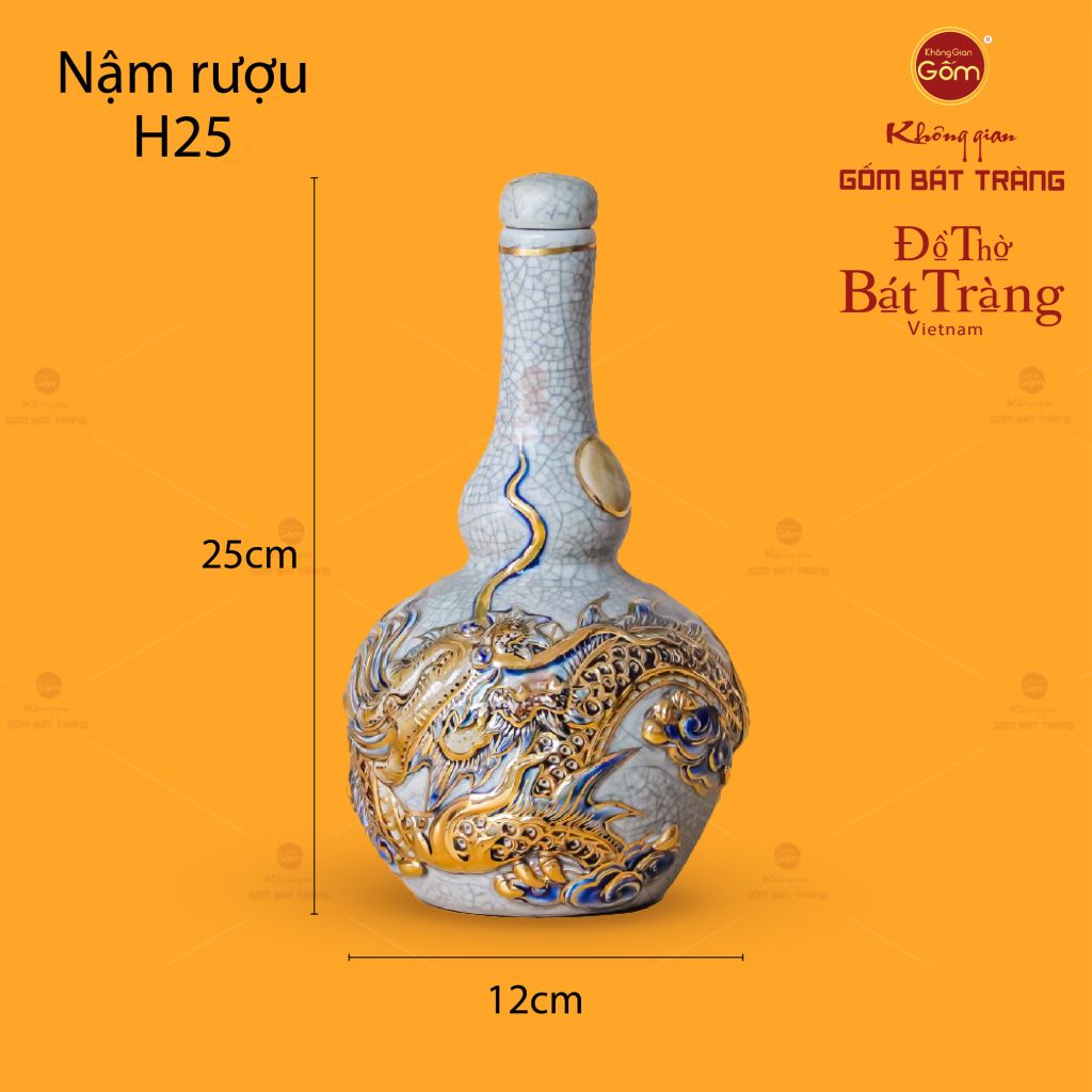 Nậm Rượu Thờ Kim Long Chầu Nhật Men Rạn Vẽ Vàng