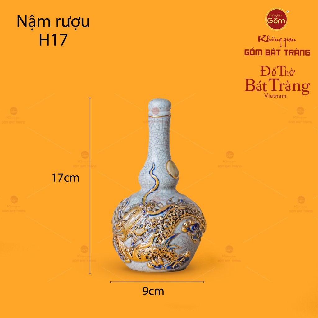 Nậm Rượu Thờ Kim Long Chầu Nhật Men Rạn Vẽ Vàng