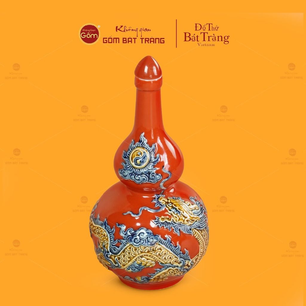 Nậm Rượu Thờ Men Đỏ Họa Tiết Kim Long Chầu Nhật