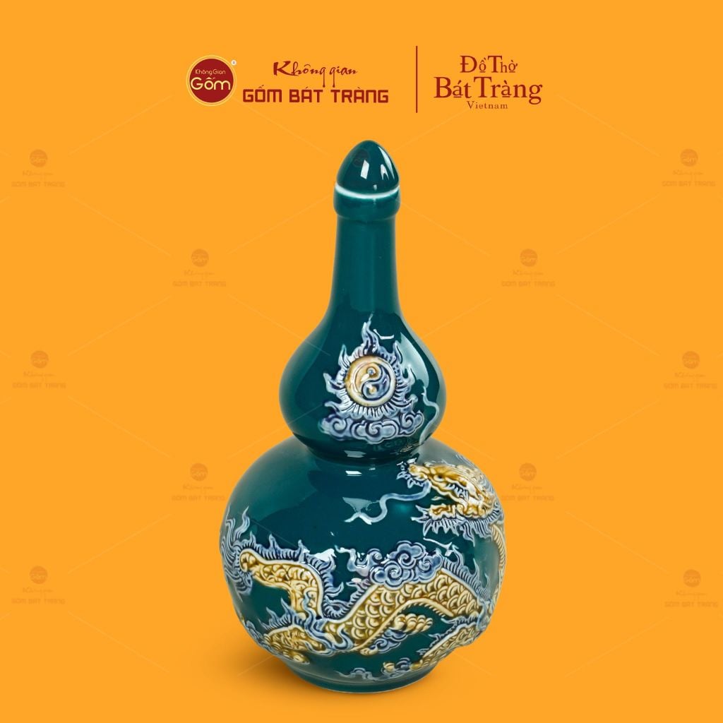 Nậm Rượu Thờ Men Lục Họa Tiết Kim Long Chầu Nhật