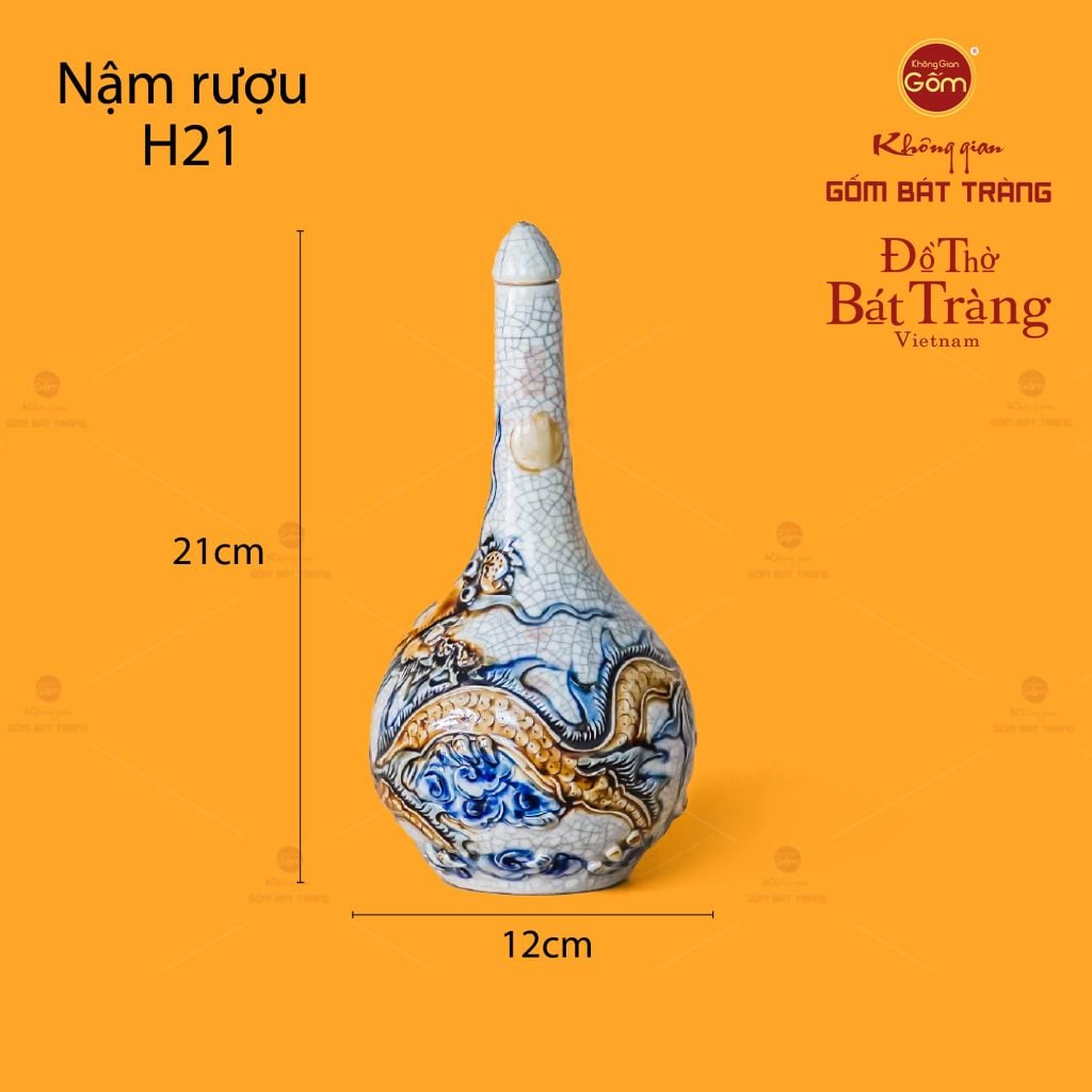 Nậm Rượu Thờ Men Rạn Họa Tiết Kim Long Chầu Nhật