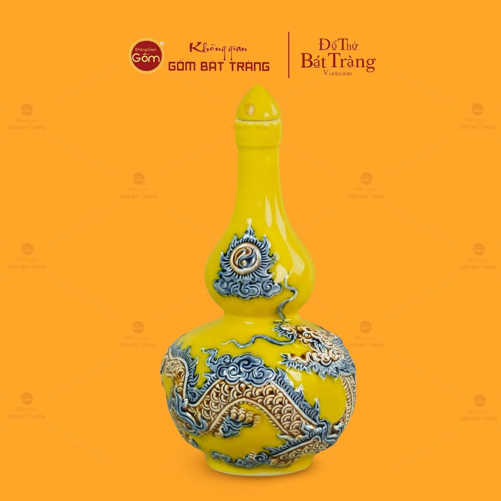 Nậm Rượu Thờ Men Vàng Họa Tiết Kim Long Chầu Nhật