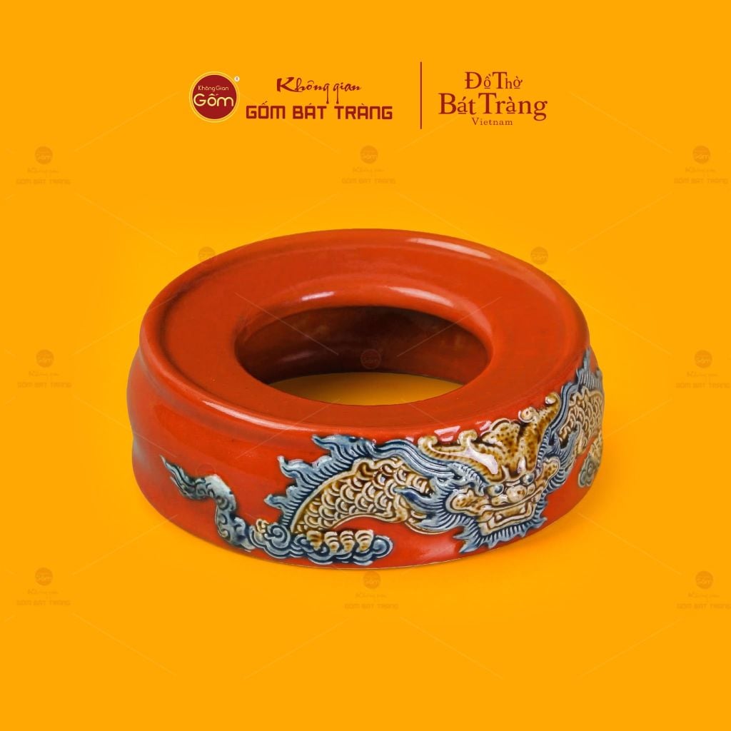 Đế Bát Hương Thờ Men Đỏ Họa Tiết Song Long Chầu Nguyệt