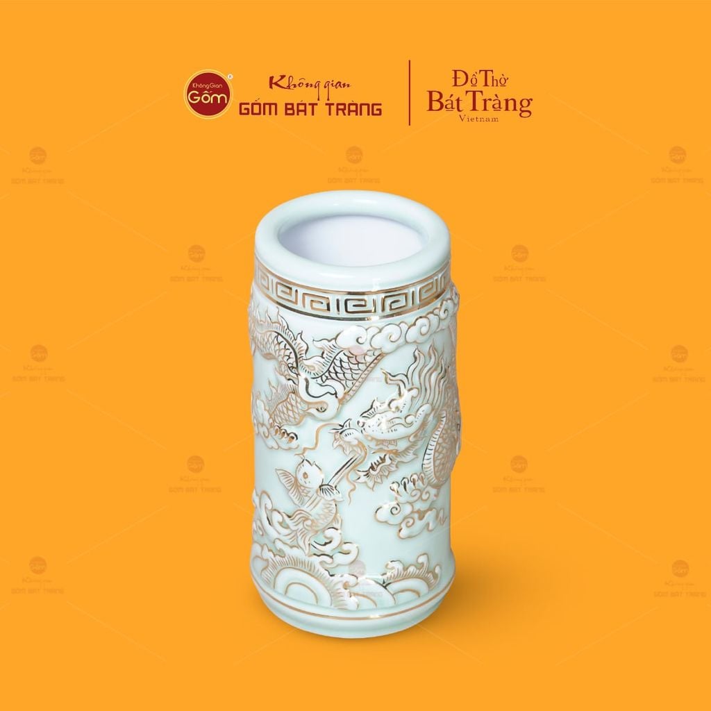 Ống Hương Thờ Men Ngọc Hoàng Tộc Cá Chép Hóa Rồng Vẽ Vàng