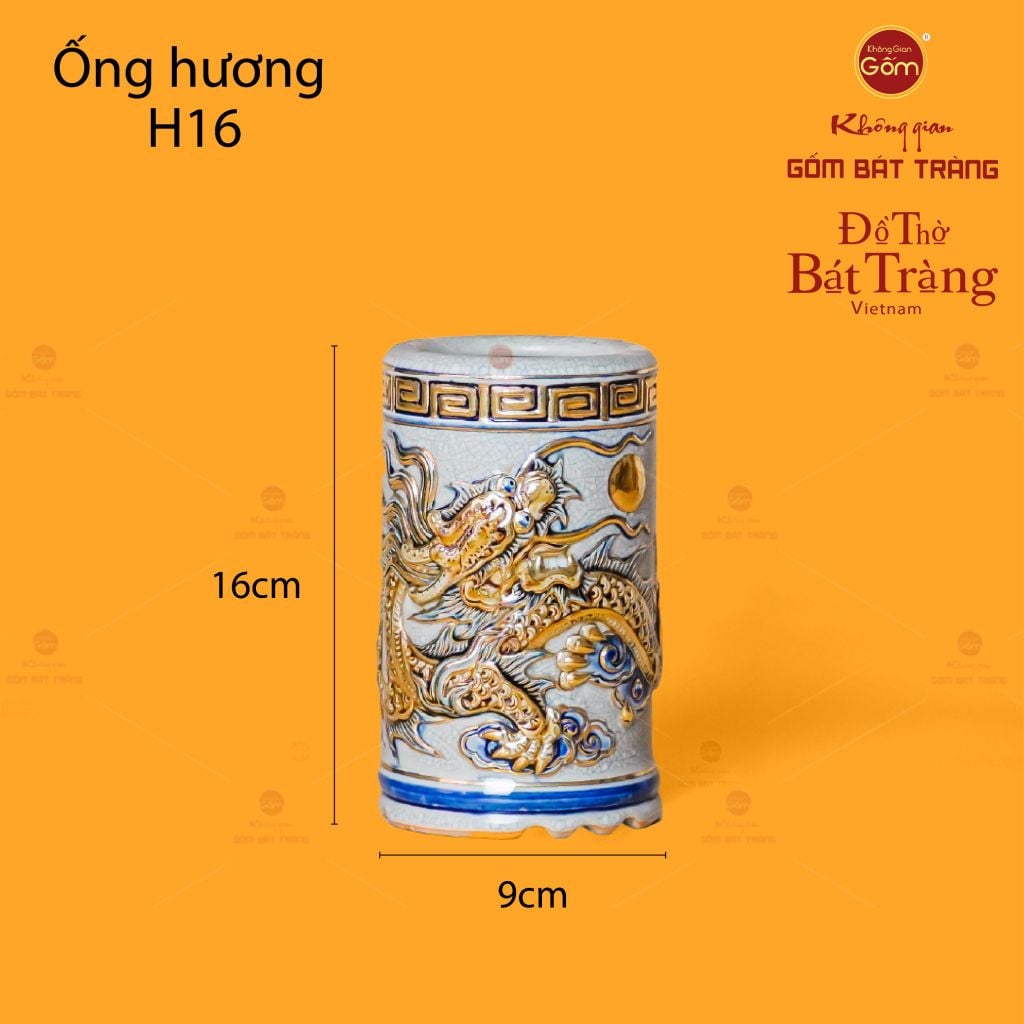Ống Hương Thờ Kim Long Chầu Nhật Men Rạn Vẽ Vàng