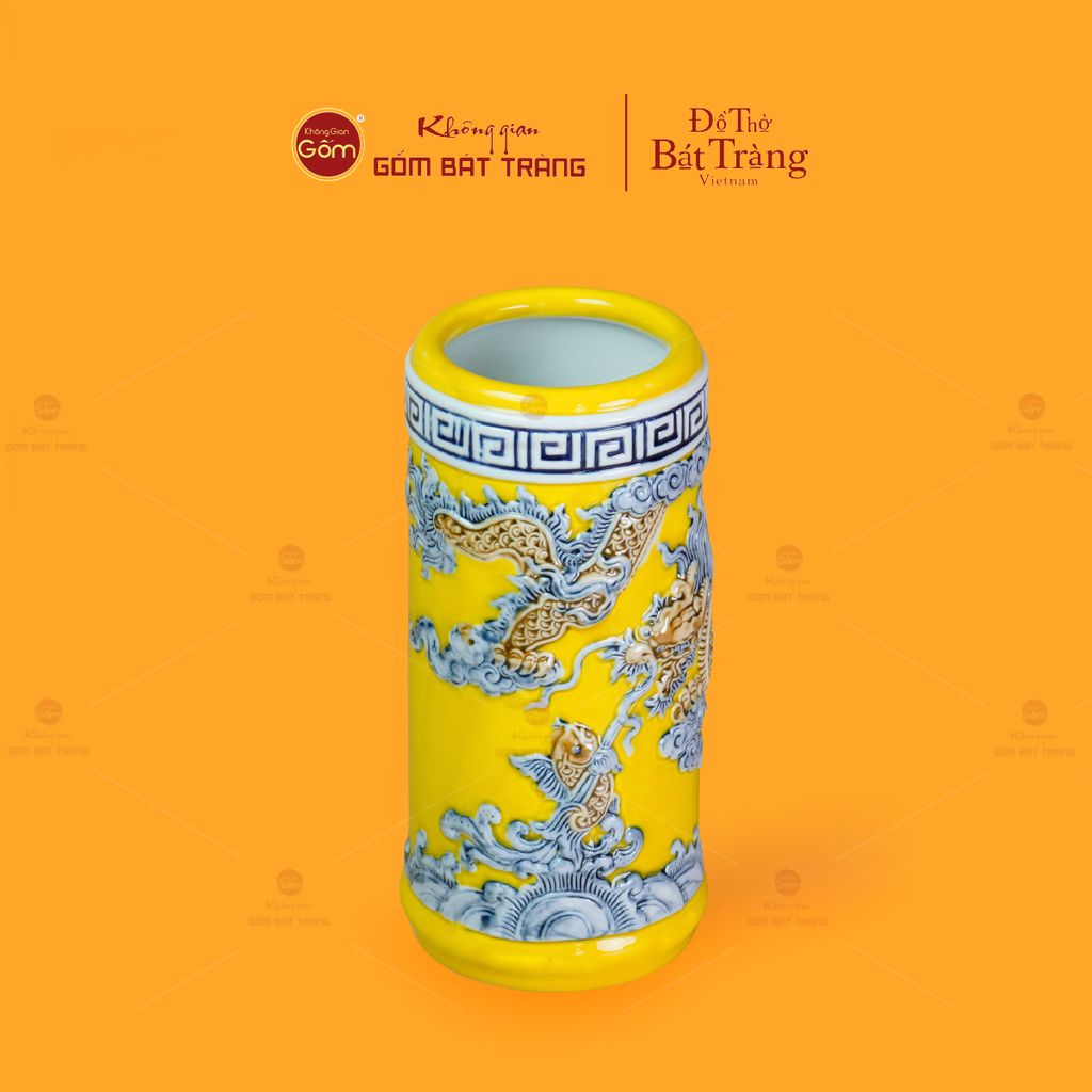 Ống Hương Thờ Men Vàng Họa Tiết Cá Chép Hóa Rồng