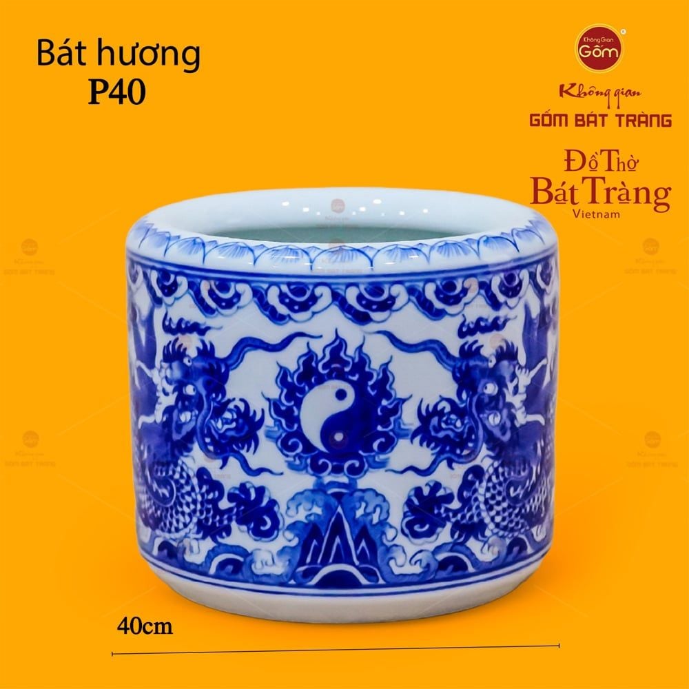 Bát Hương Men Lam Họa Tiết Song Long Chầu Nguyệt