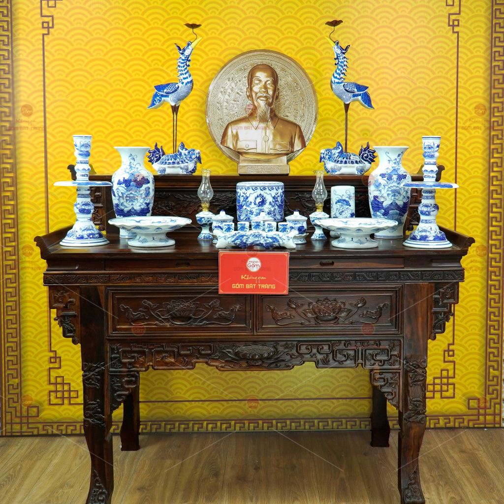 Bộ Đồ Thờ Bác Hồ (Cao Cấp 16 Món) Men Lam