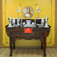 Bộ Đồ Thờ Bác Hồ (Cao Cấp 16 Món) Men Lam Nổi Vẽ Vàng