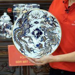 Bộ Đồ Thờ Bác Hồ (Cao Cấp 16 Món) Men Lam Nổi Vẽ Vàng