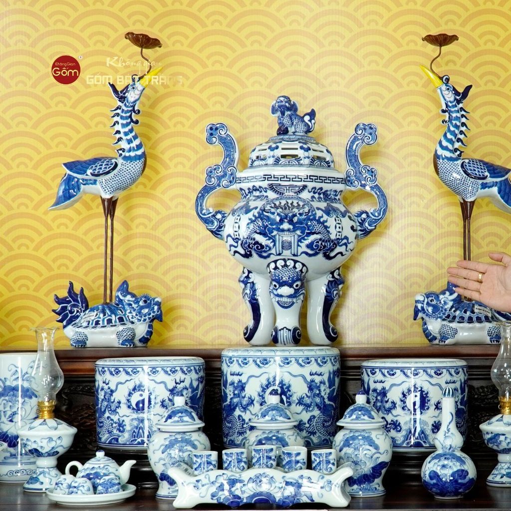 Bộ Đồ Thờ Gia Tiên (Cao Cấp 17 Món) Men Lam