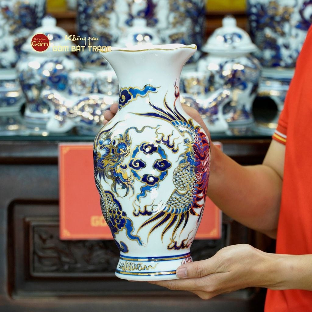 Bộ Đồ Thờ Gia Tiên (Cao Cấp 17 Món) Men Lam Nổi Vẽ Vàng