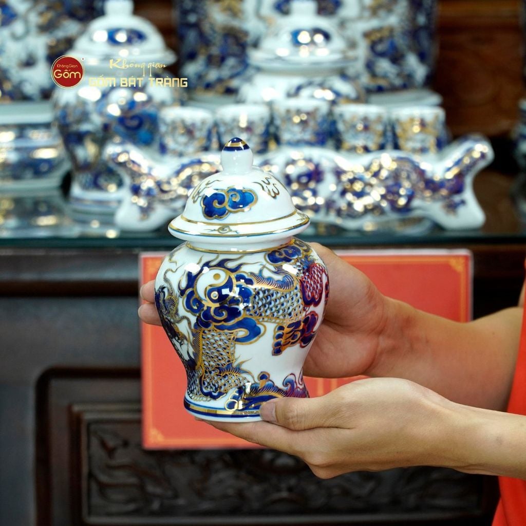 Bộ Đồ Thờ Gia Tiên (Cao Cấp 17 Món) Men Lam Nổi Vẽ Vàng