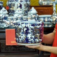 Bộ Đồ Thờ Gia Tiên (Cao Cấp 17 Món) Men Lam Nổi Vẽ Vàng