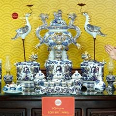 Bộ Đồ Thờ Gia Tiên (Cao Cấp 17 Món) Men Lam Nổi Vẽ Vàng