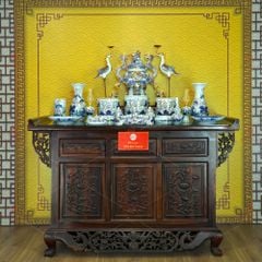 Bộ Đồ Thờ Gia Tiên (Cao Cấp 17 Món) Men Lam Vẽ Vàng