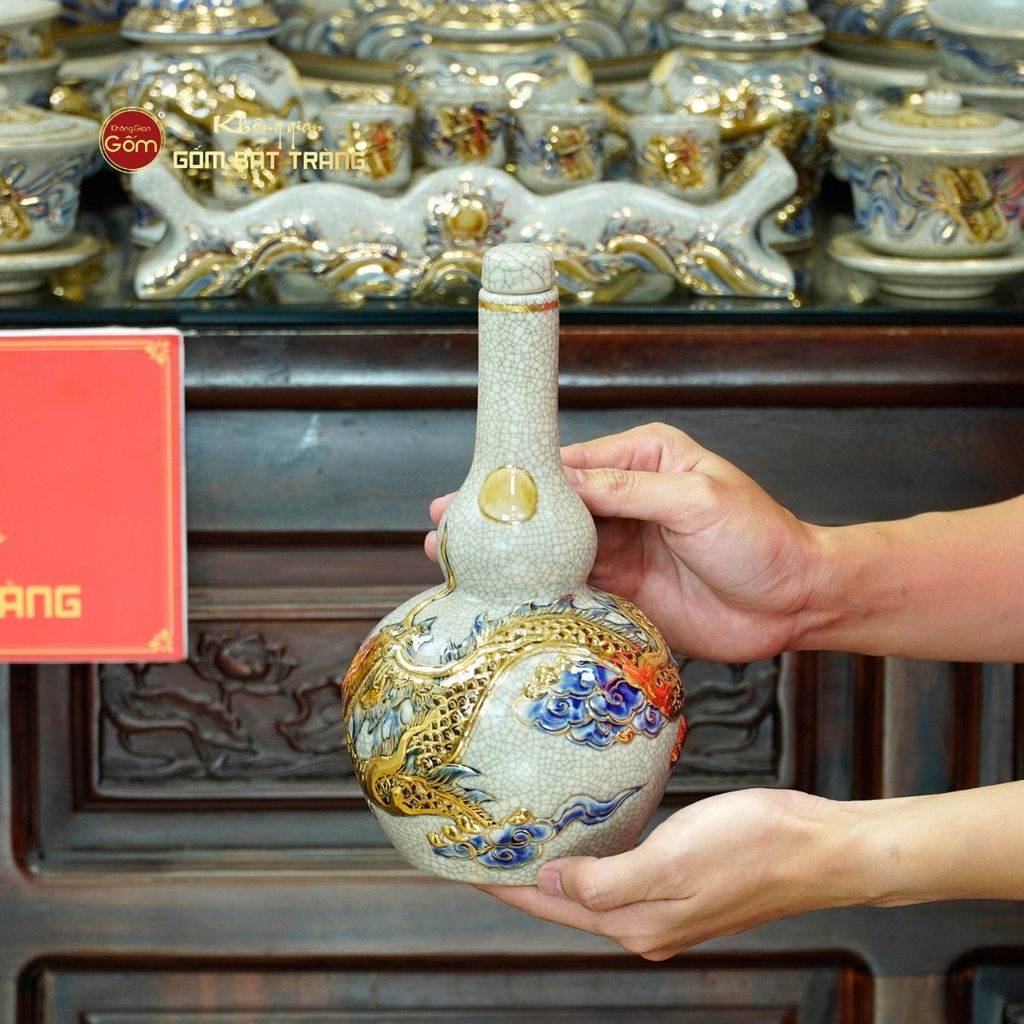 Bộ Đồ Thờ Gia Tiên (Cao Cấp 17 Món) Men Rạn Vẽ Vàng