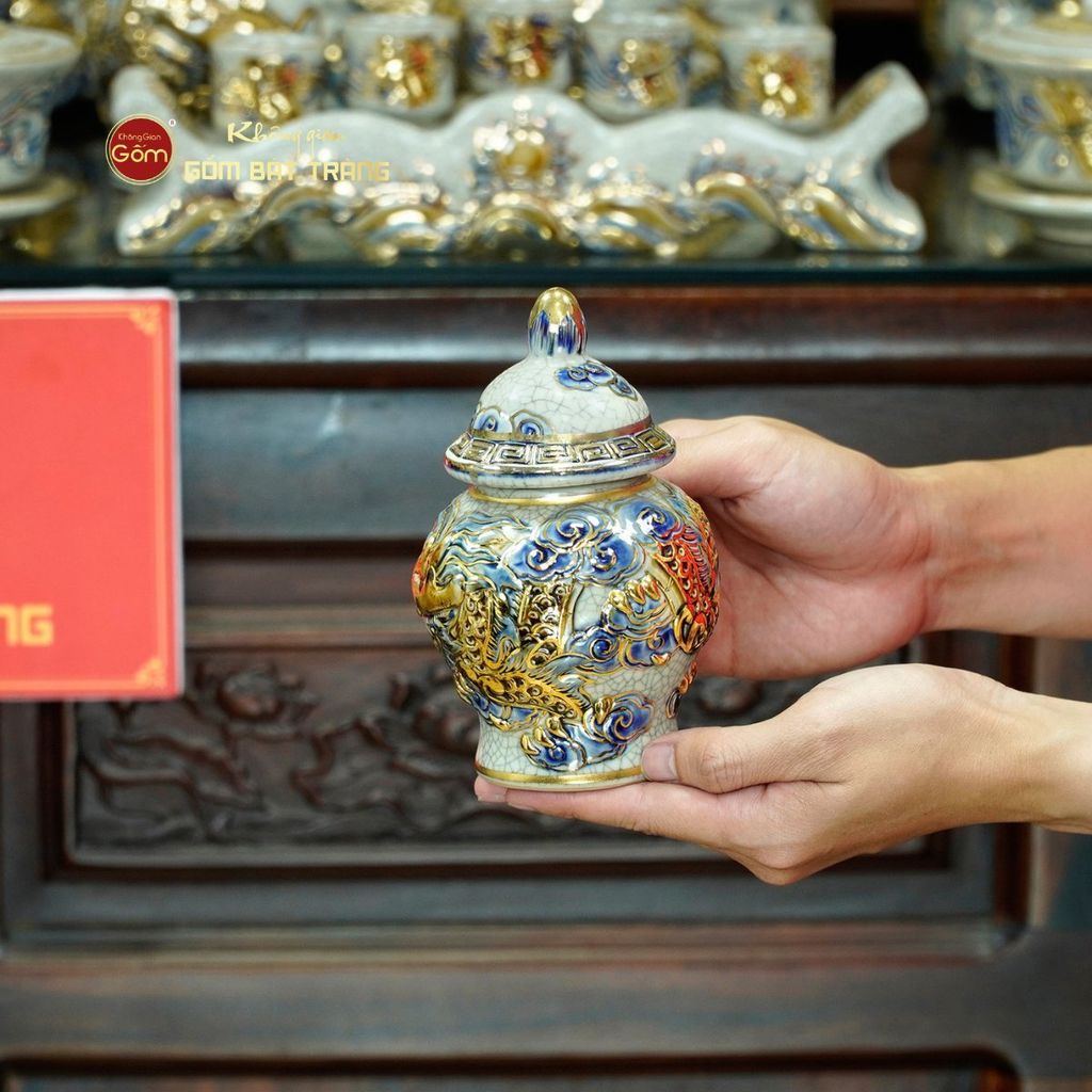 Bộ Đồ Thờ Gia Tiên (Cao Cấp 17 Món) Men Rạn Vẽ Vàng