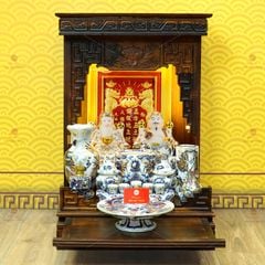 Bộ Đồ Thờ Thần Tài Thổ Địa (Cao Cấp 11 Món) Men Lam Nổi Vẽ Vàng