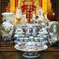 Bộ Đồ Thờ Thần Tài Thổ Địa (Cao Cấp 11 Món) Men Lam Nổi Vẽ Vàng