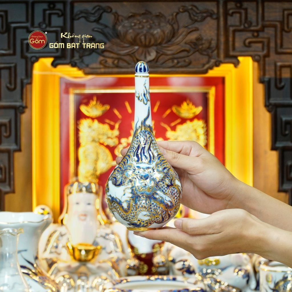 Bộ Đồ Thờ Thần Tài Thổ Địa (Cao Cấp 11 Món) Men Lam Nổi Vẽ Vàng