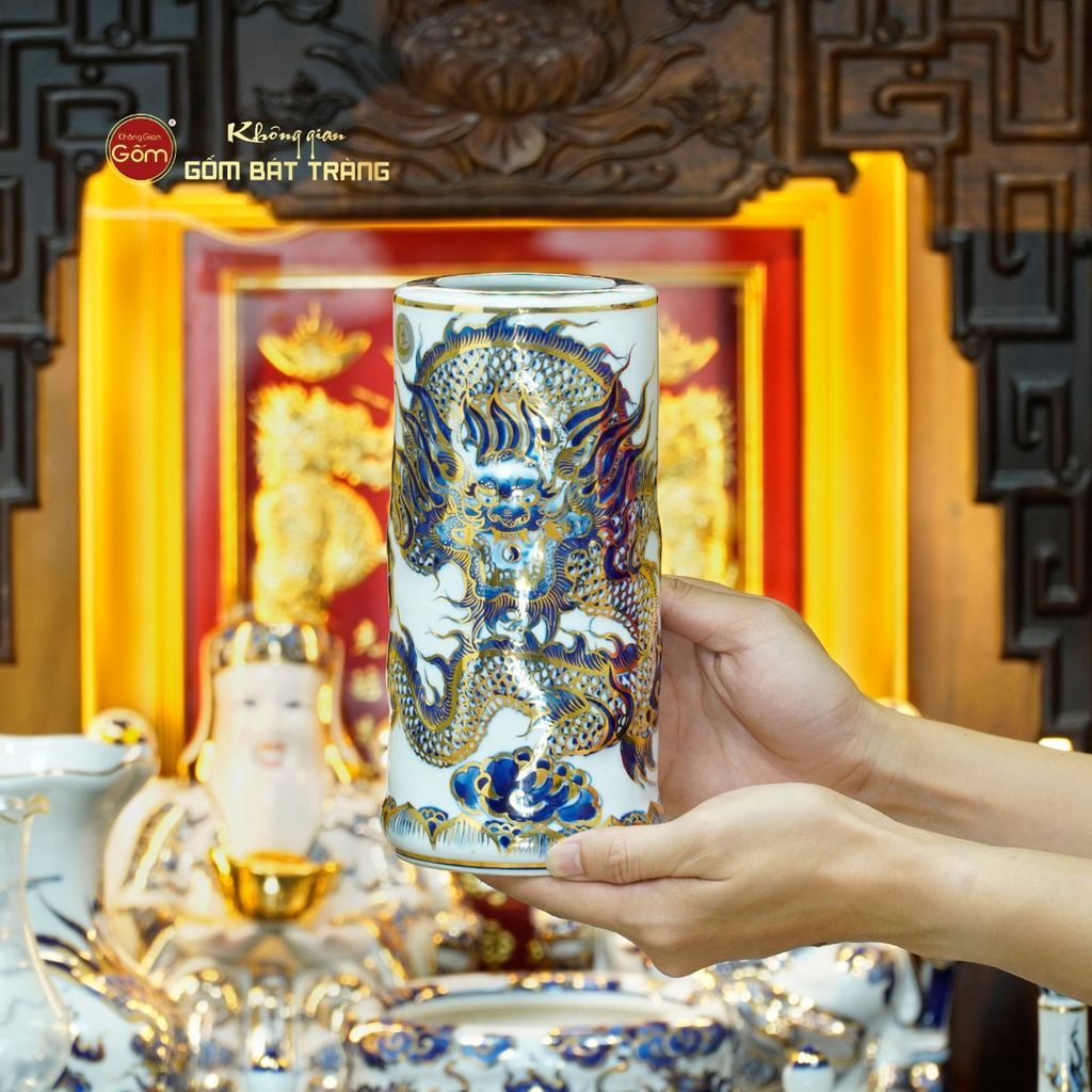 Bộ Đồ Thờ Thần Tài Thổ Địa (Cao Cấp 11 Món) Men Lam Nổi Vẽ Vàng