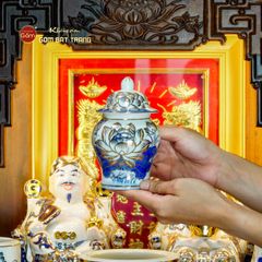 Bộ Đồ Thờ Thần Tài Thổ Địa (Cao Cấp 12 Món) Men Lam Vẽ Vàng