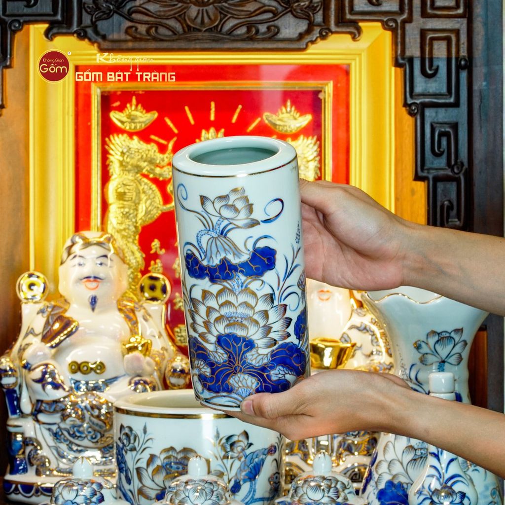 Bộ Đồ Thờ Thần Tài Thổ Địa (Cao Cấp 12 Món) Men Lam Vẽ Vàng