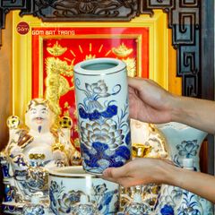 Bộ Đồ Thờ Thần Tài Thổ Địa (Cao Cấp 12 Món) Men Lam Vẽ Vàng